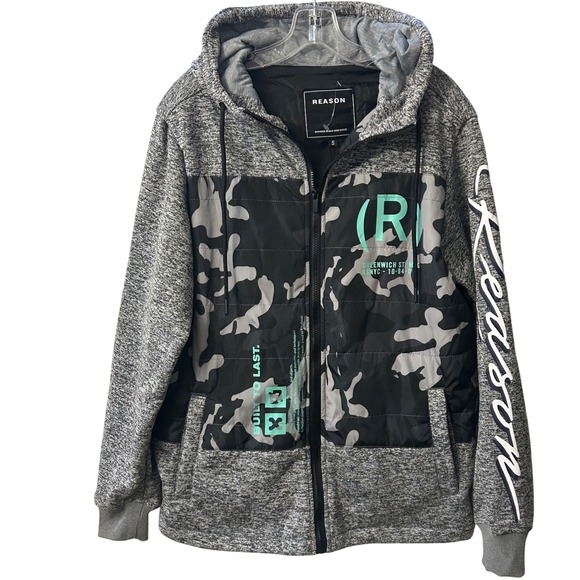 Reason Camo Puffer Hoodie‎ Full Zip Jacket Greenwich St. Mens Size S - Picture 1 of 6